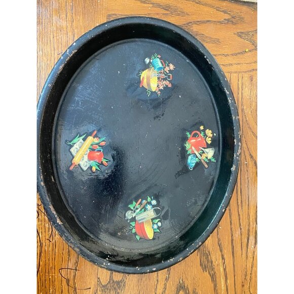 Vintage Black Metal Serving Tray with Kitchen Decals - Picture 1 of 5